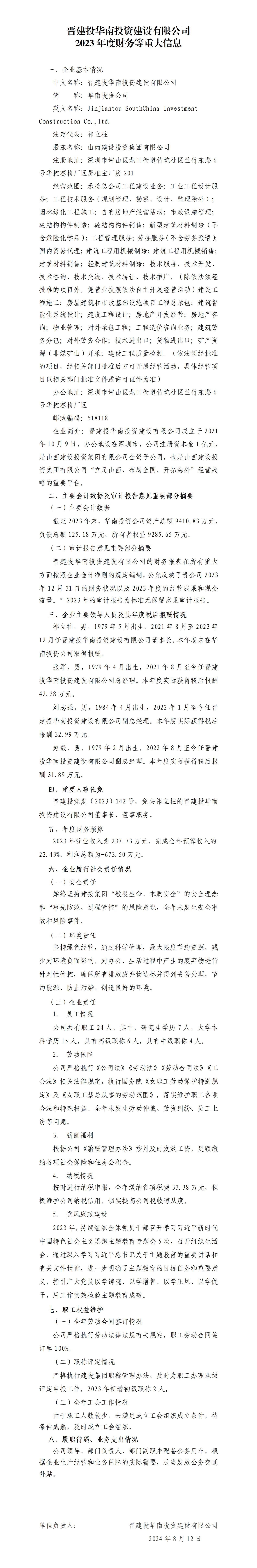 晋建投华南投资龙8有限公司2023年度财务等重大信息