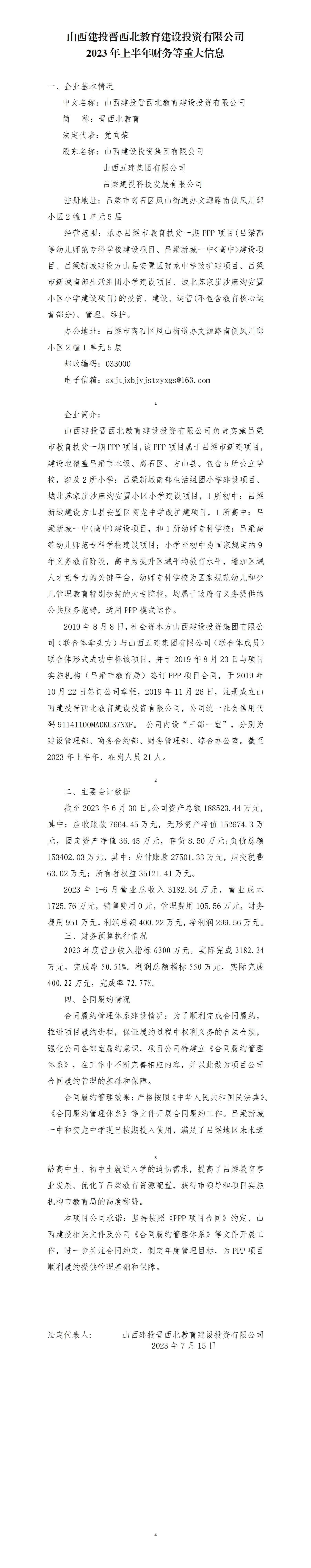 山西建投晋西北教育龙8投资有限公司2023年上半年财务等重大信息