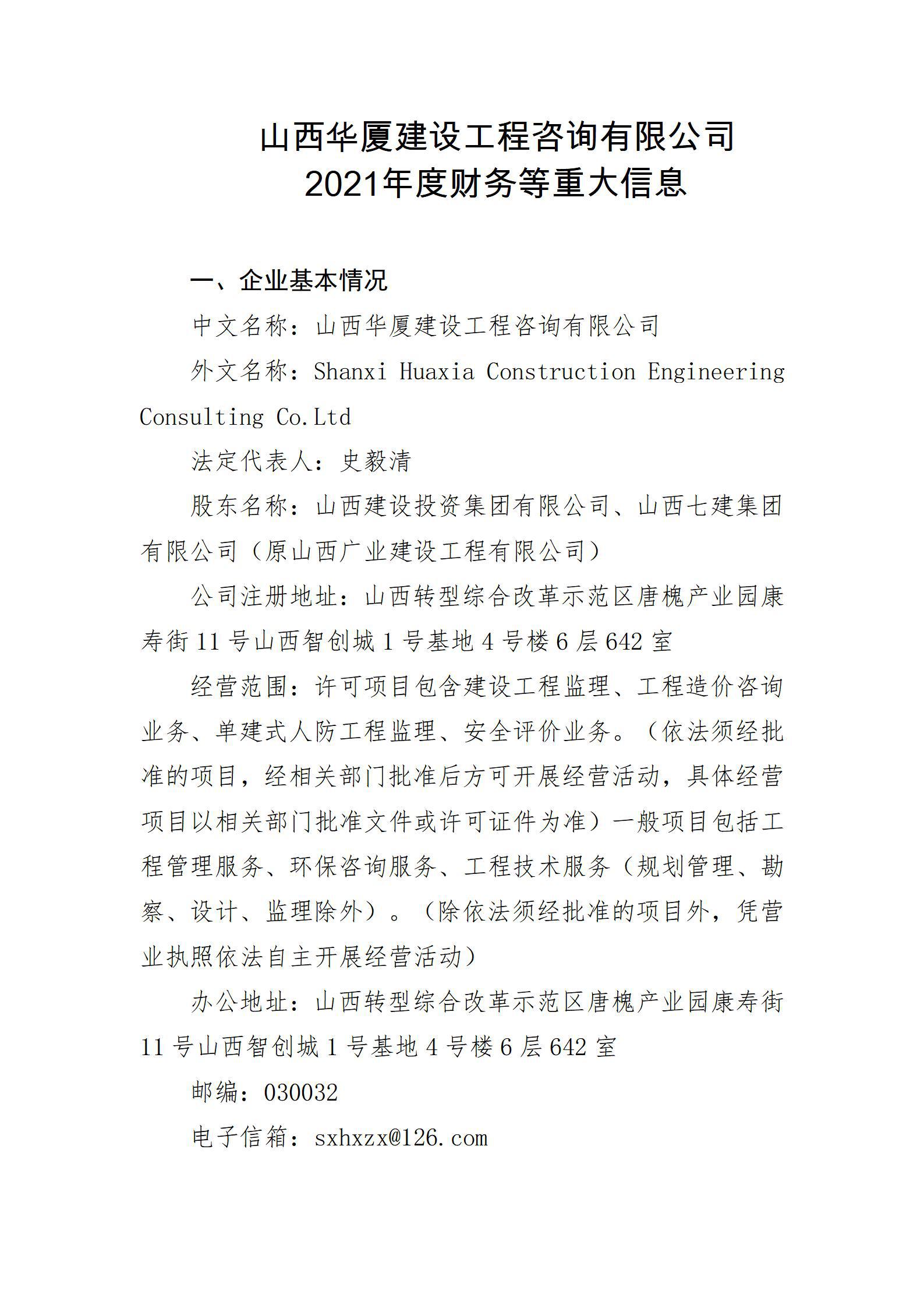 山西华厦龙8工程咨询有限公司2021年度财务等重大信息