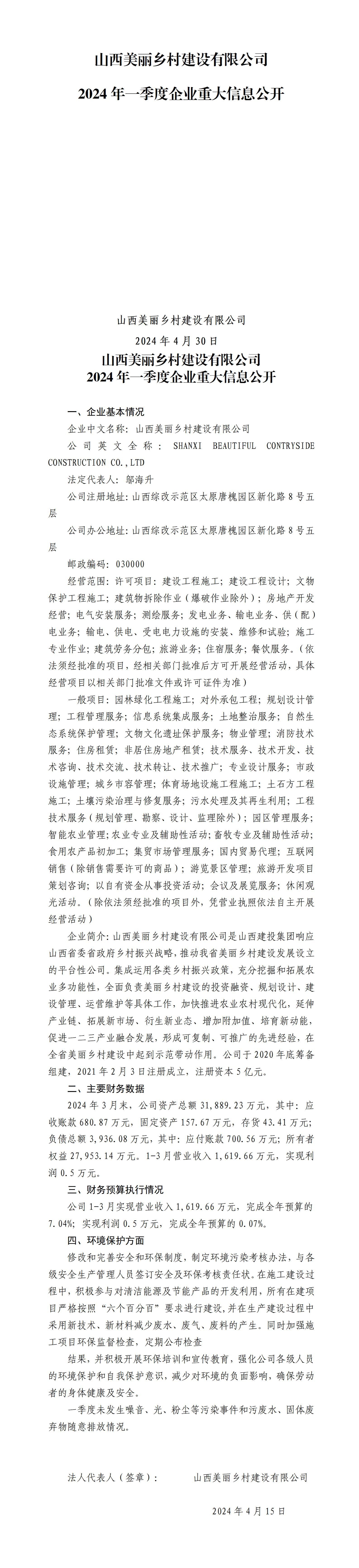 山西美丽乡村龙8有限公司2024年一季度企业重大信息公开