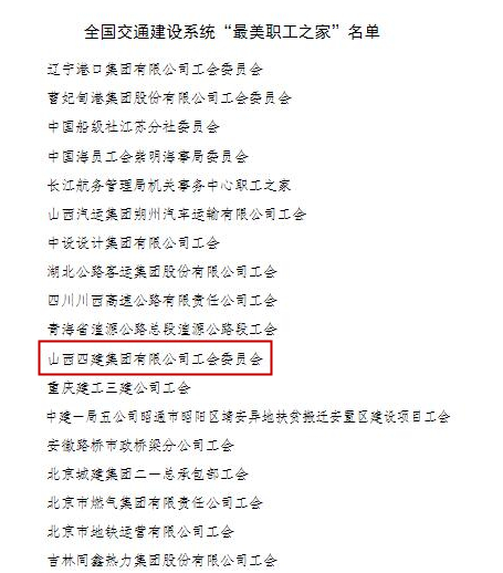 山西建投四建集团工会荣获全国交通龙8系统“最美职工之家”称号